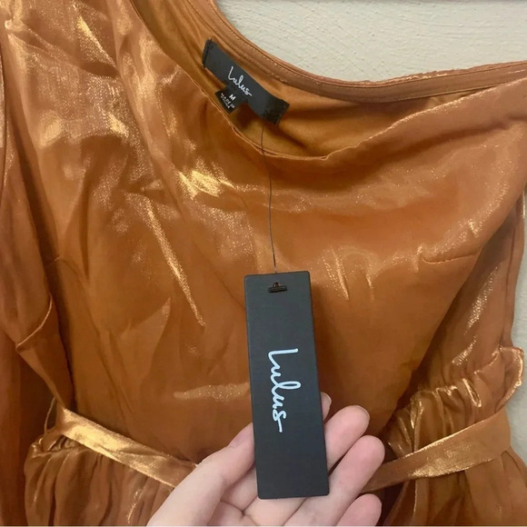 Lulus Sweet Excellence Shiny Rust Orange One-Shoulder Tiered Dress Medium NWT - Picture 12 of 15